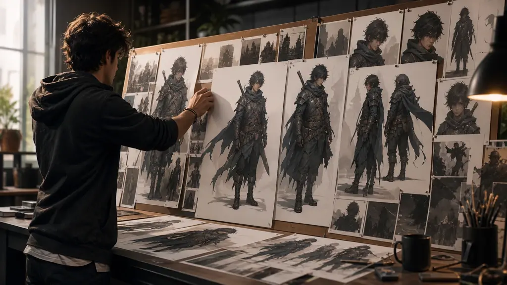 Game artist arranging character concepts from ai art generator on a board