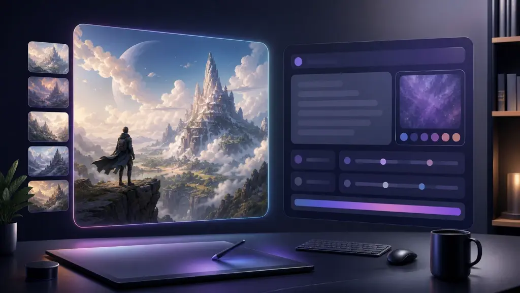Concept poster preview beside a prompt panel in ai art generator workspace