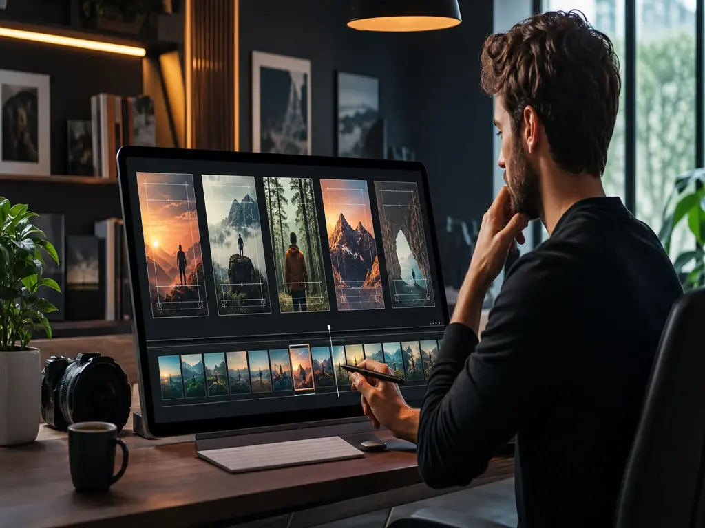 Social creator reviewing cover options from ai art generator on a timeline