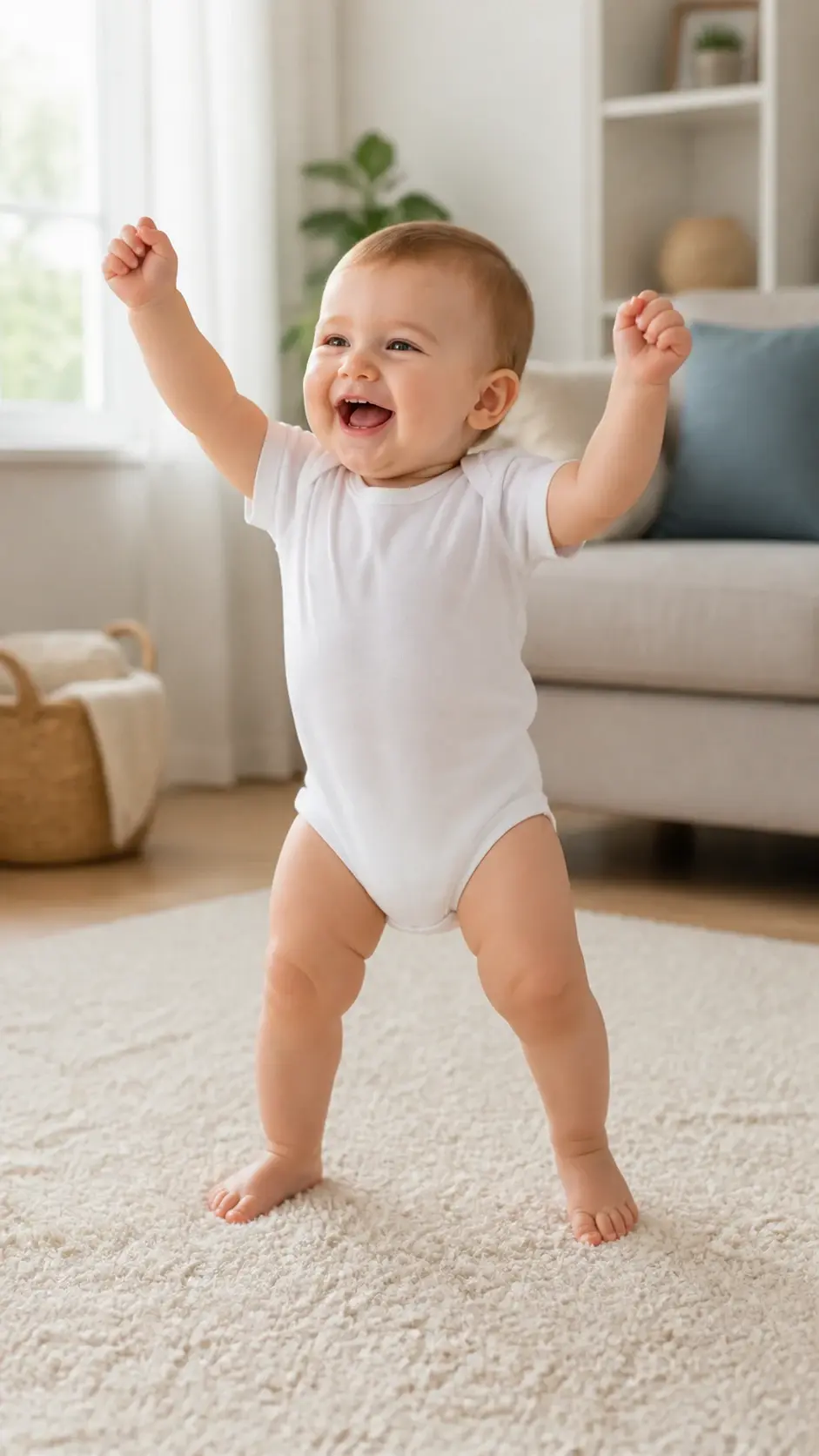 Vertical video still of a smiling baby dancing on a soft rug in a bright living room