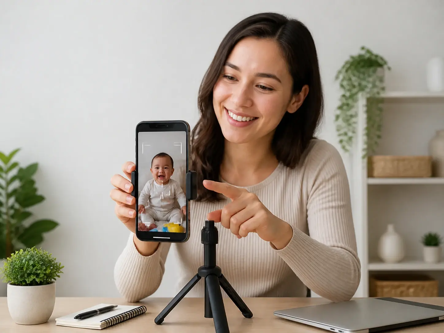 Short video creator previewing a vertical baby clip on a phone for TikTok posting