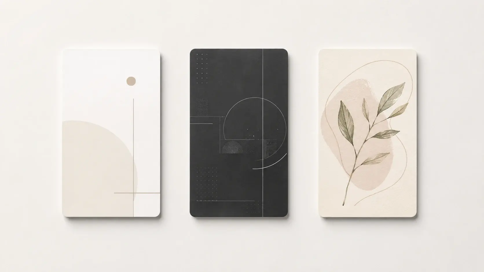 Three business card designs from one prompt in minimal, technical and hand drawn styles