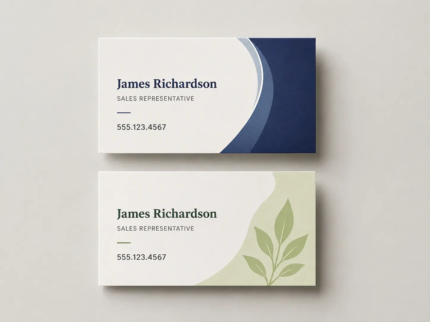 Sales business card designs for two product lines showing rendered name and phone number