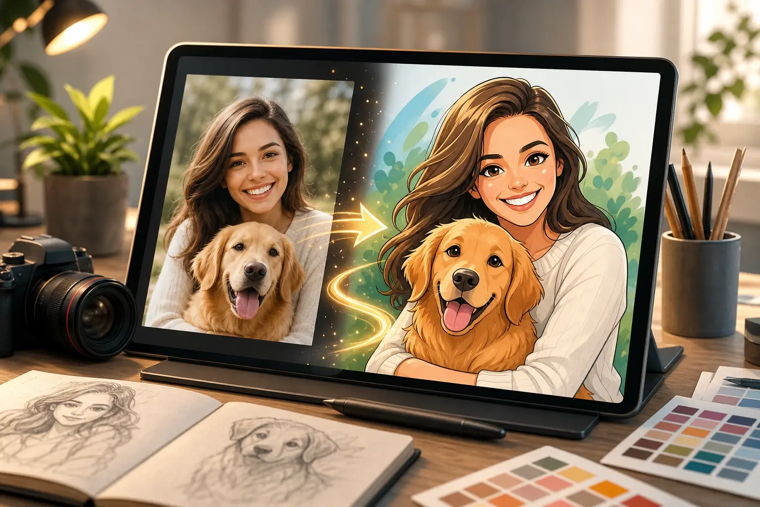 Portrait source photo becoming a clean style pass in ai cartoon image generator