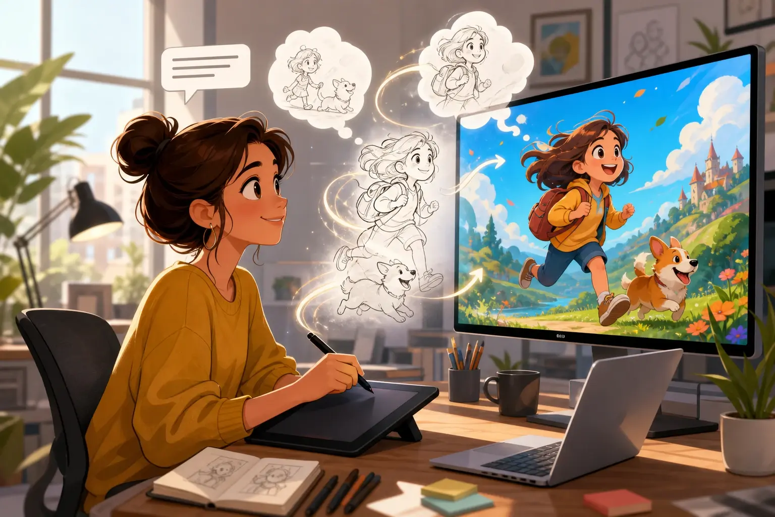 Prompt box shaping a mascot scene inside ai cartoon image generator preview