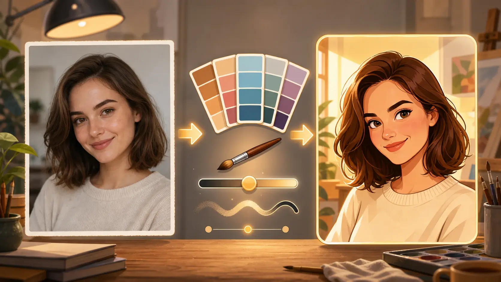 Prompt panel and cartoon portrait preview in ai cartoon image generator workspace