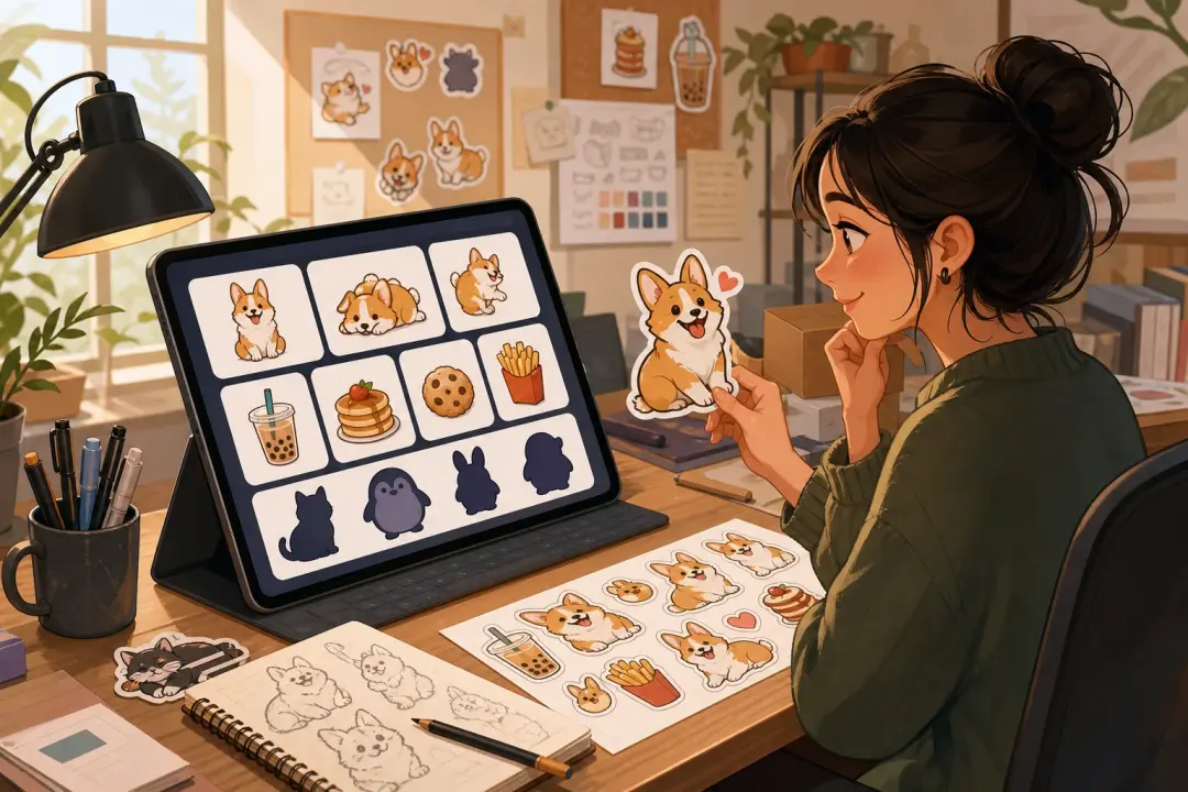 Sticker concept board with pet pose from ai cartoon image generator