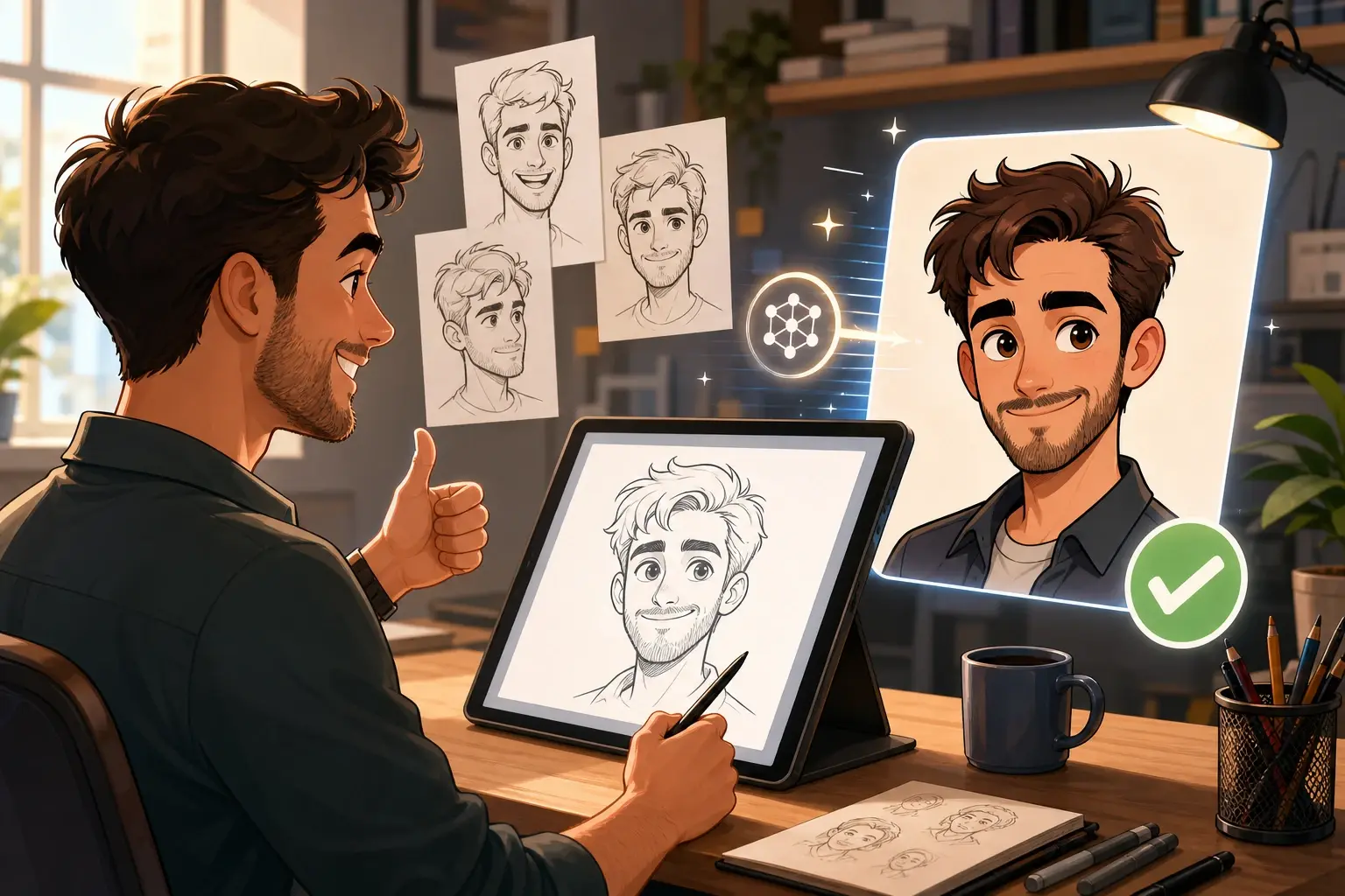 Freelance designer comparing client mascot drafts in ai cartoon image generator