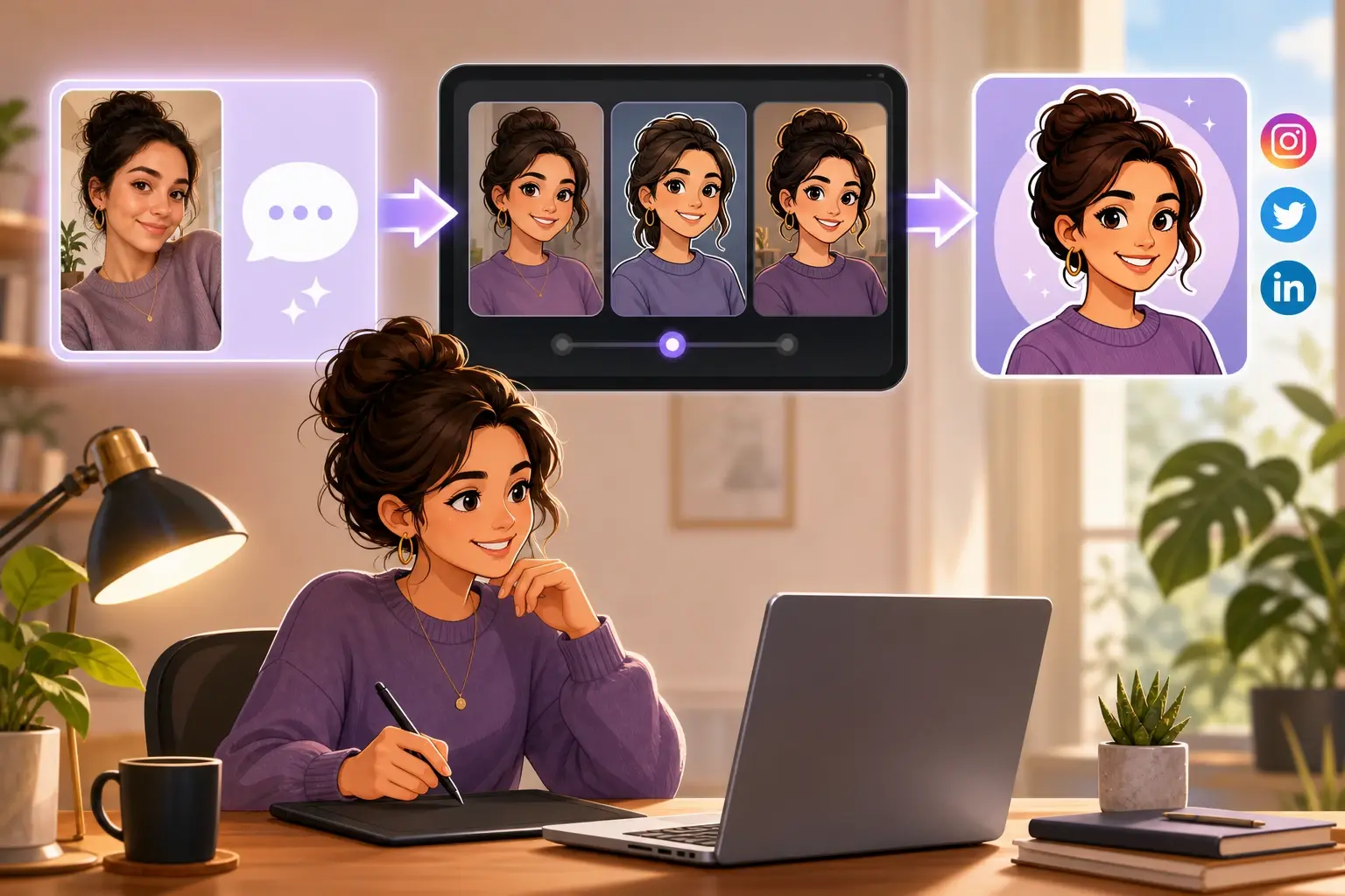 Short form creator reviewing avatar previews in ai cartoon image generator studio
