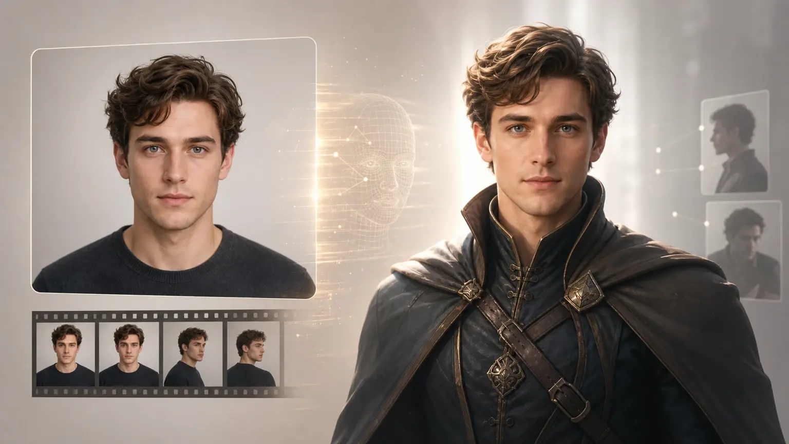 Portrait preview panel showing ai character generator face choices before export