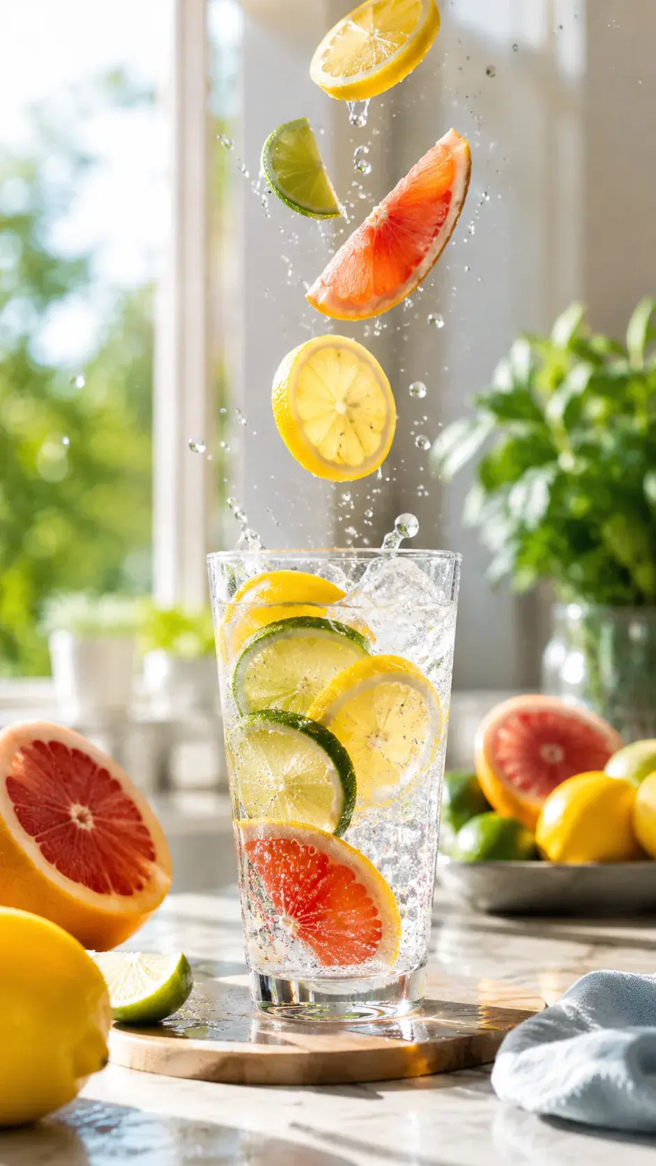 Vertical short clip frame of fruit and sparkling water in motion