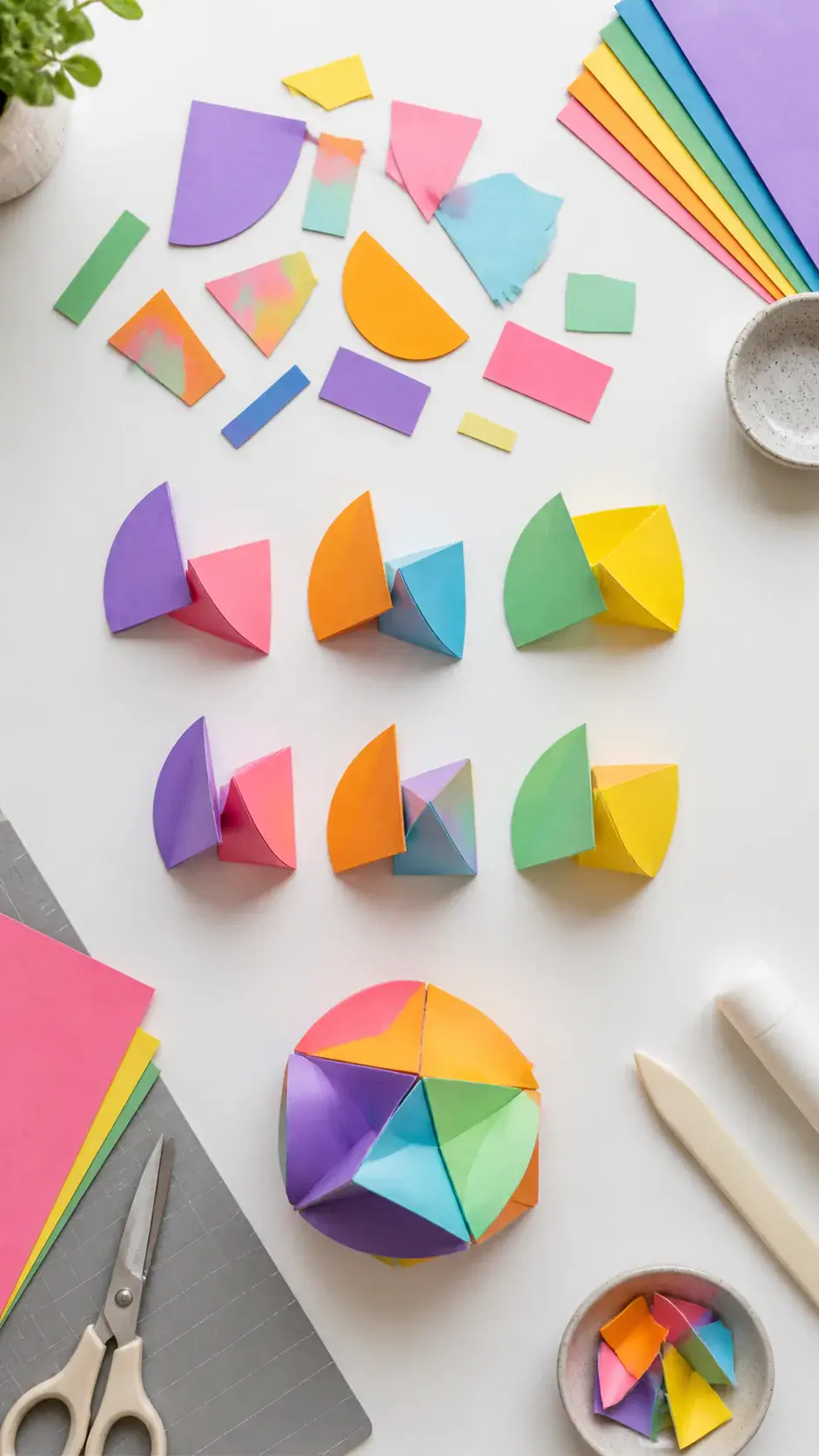 Vertical explainer clip frame with moving paper shapes on a light table