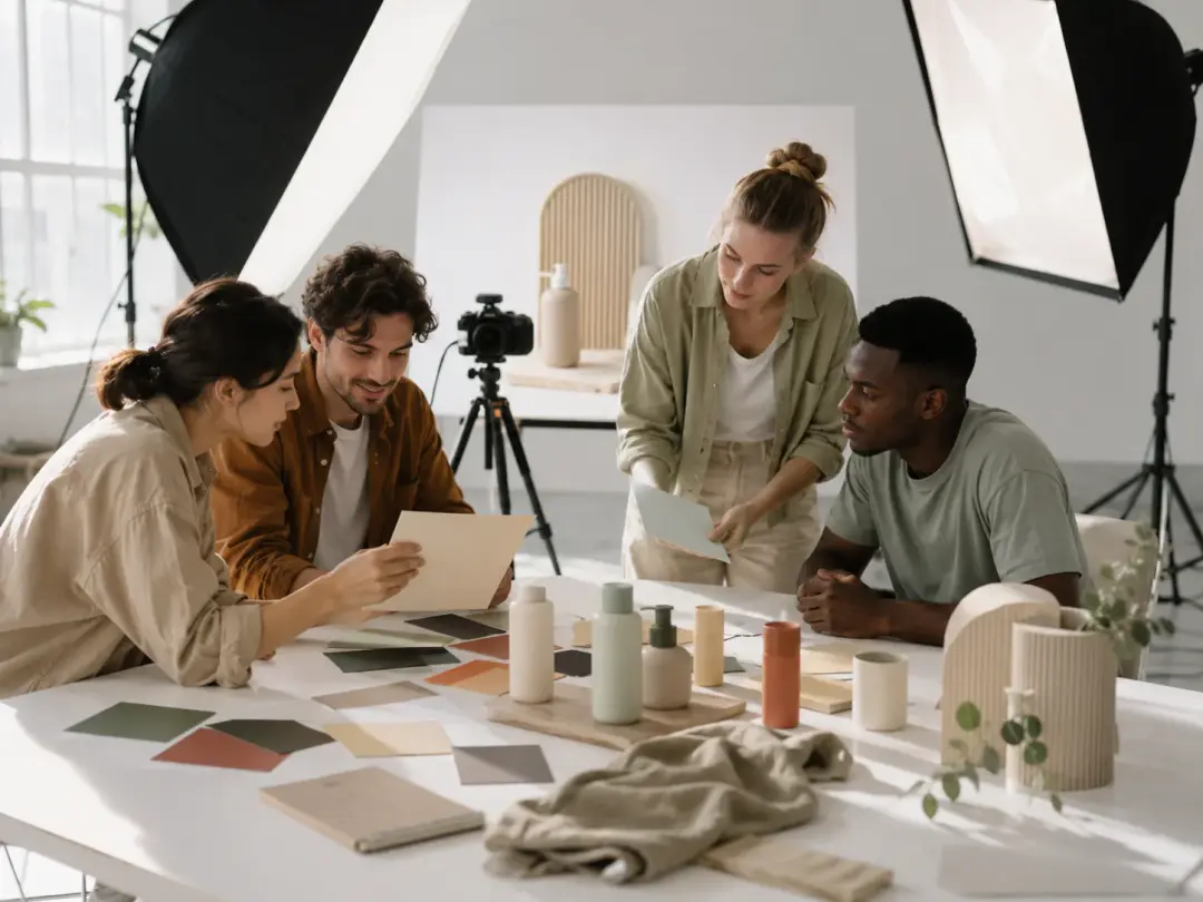 Marketing team shaping a campaign claim and product visuals into a promotion clip