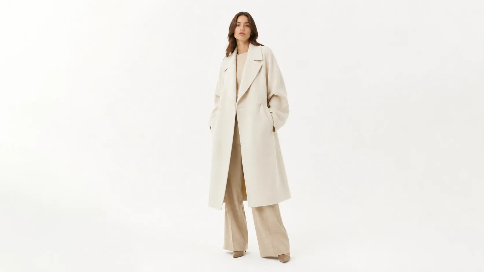 A 4K product page image of a model in a swapped outfit with no watermark