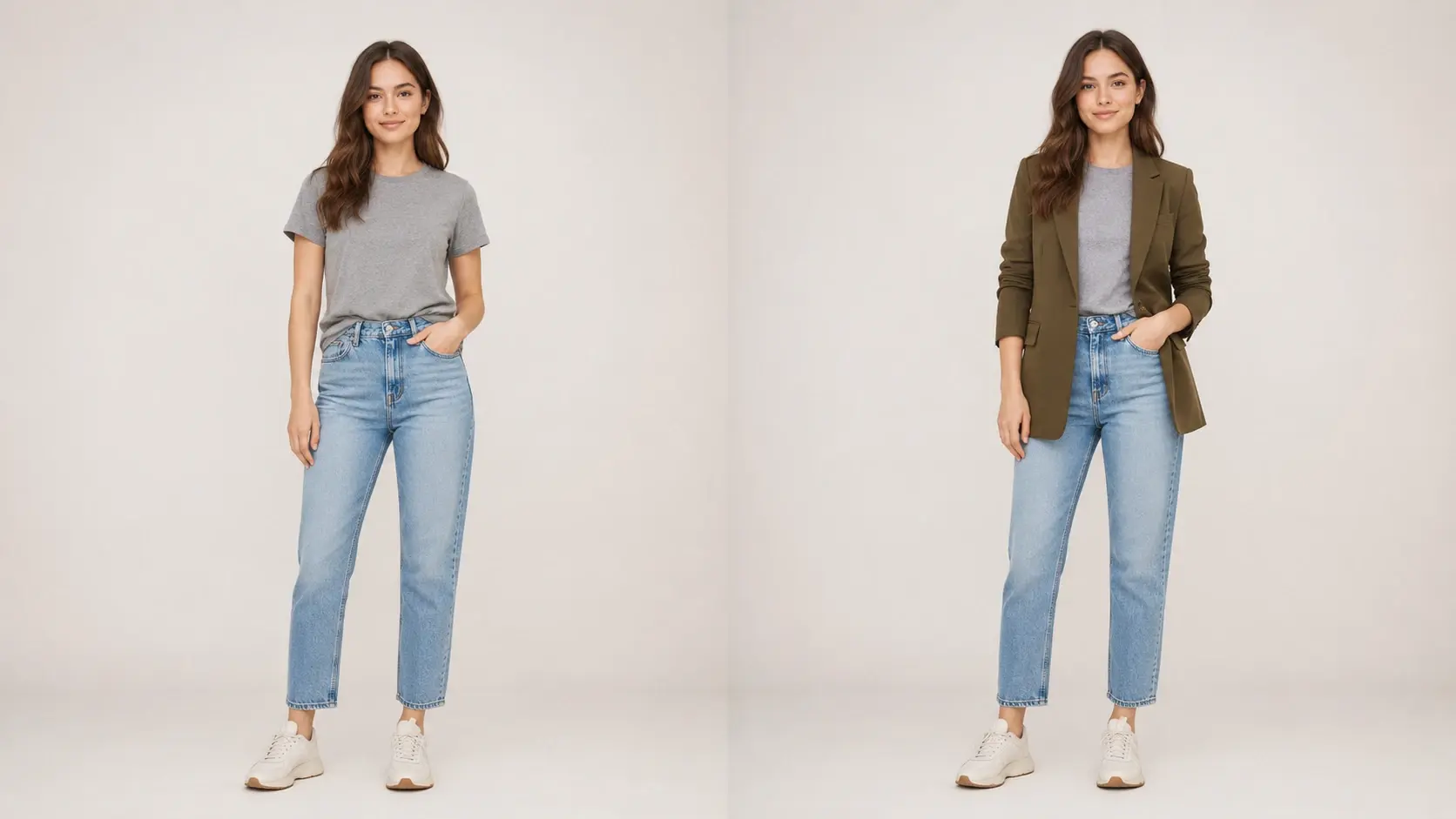Person in a photo before and after VideoAI swaps the outfit while the face and pose stay the same