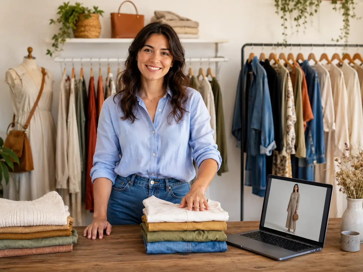 A small seller placing a new style on a model photo for a store listing