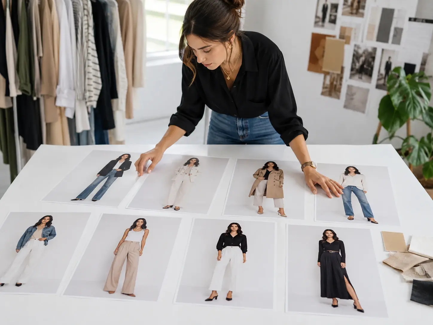 A stylist reviewing several outfit looks generated from one creator photo