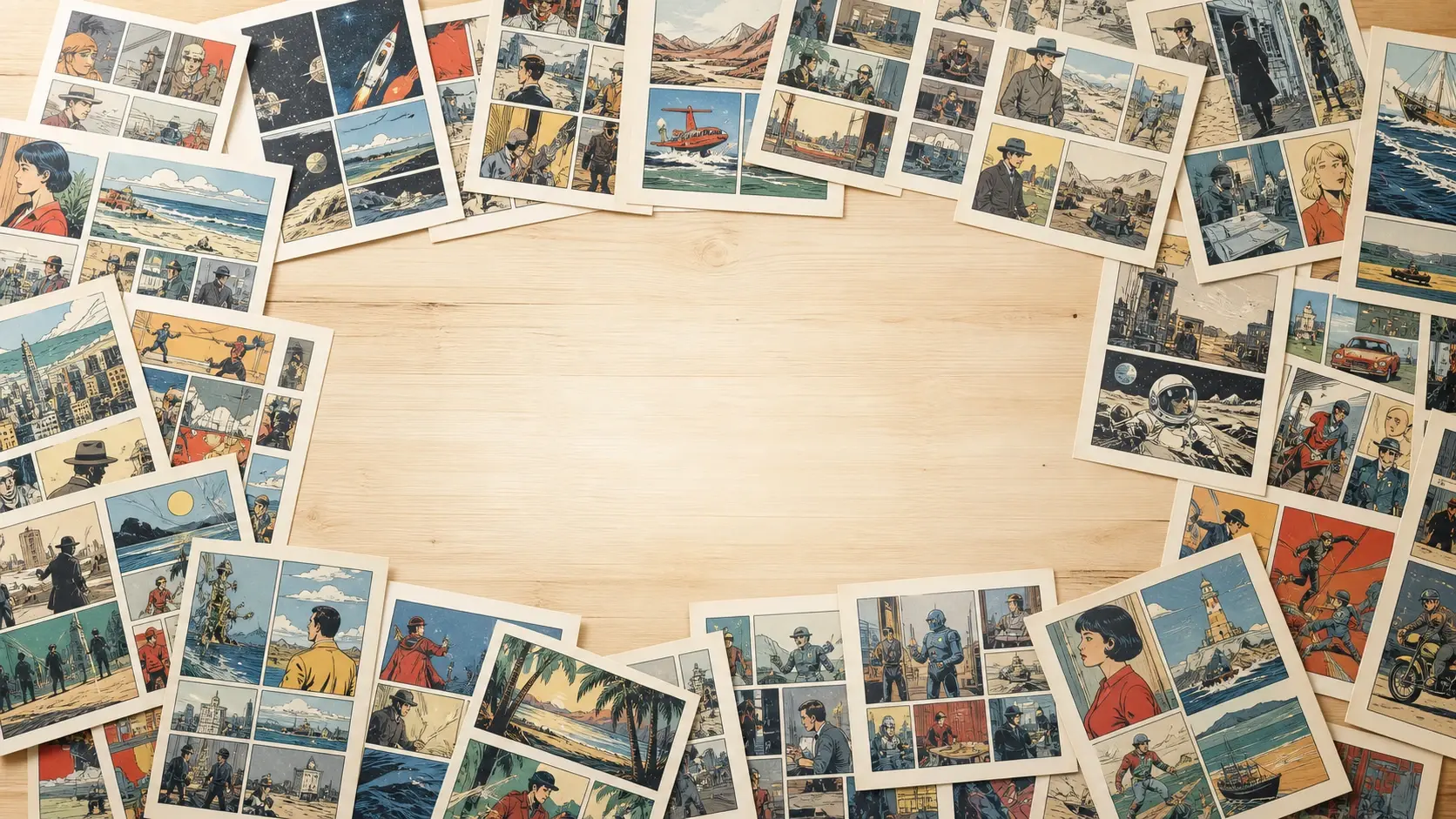 A wide spread of printed comic pages overlapping across a bright studio table