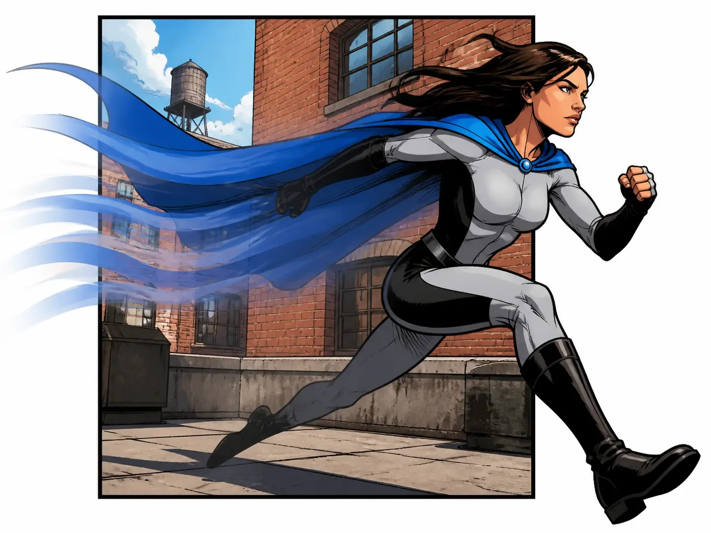 One comic hero drawn mid stride with soft motion trails carrying them out of the panel border