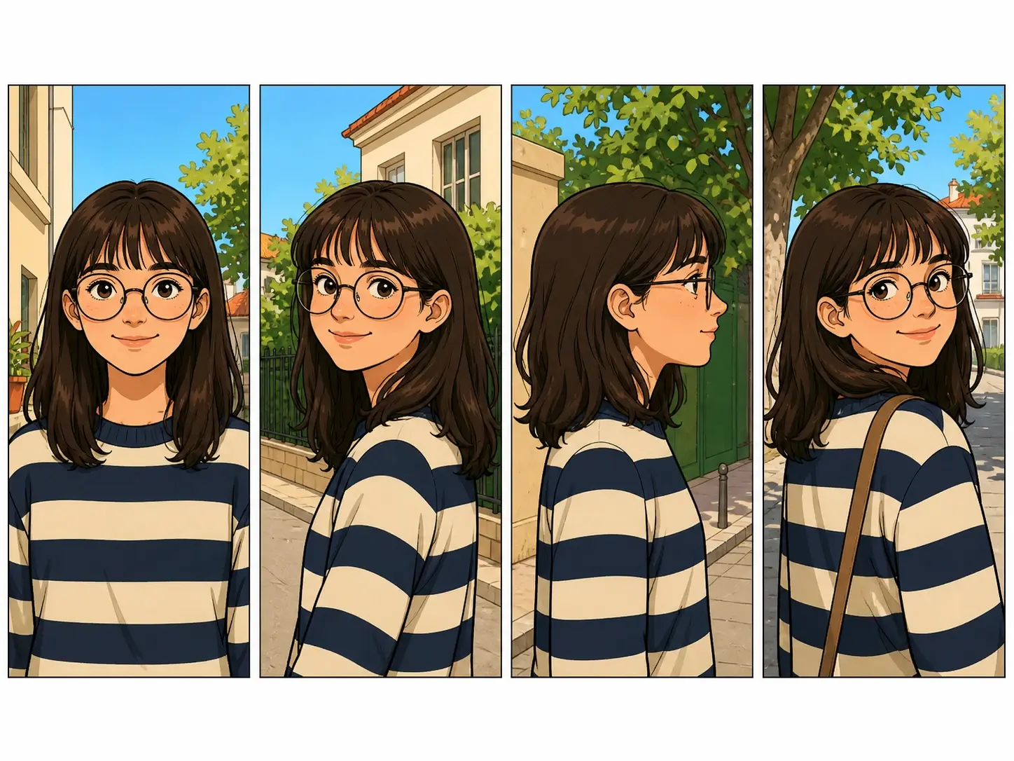 Four panels in a row showing the same character in the same outfit from different angles