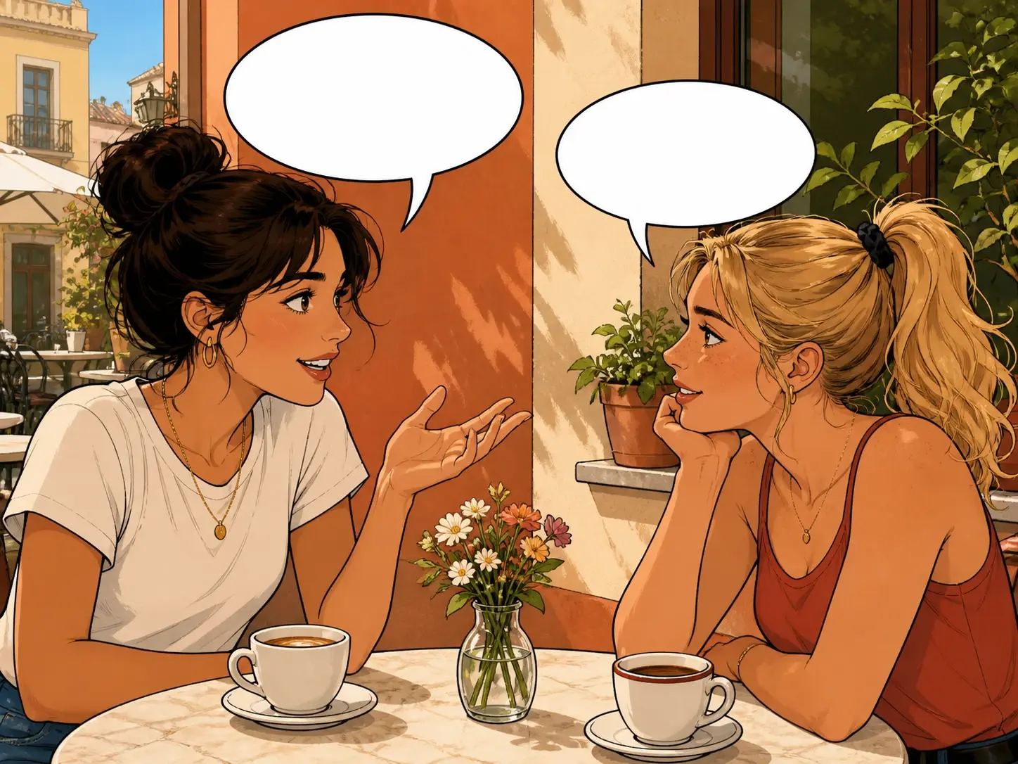 A close comic panel where two crisp white speech balloons sit cleanly over the scene