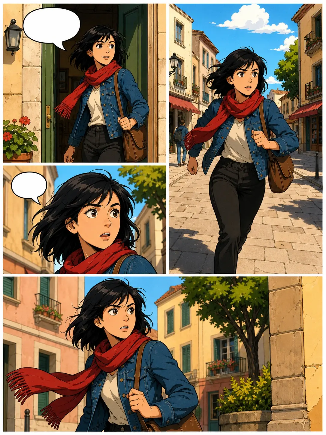 A full comic page laid out in four panels following one character through a scene