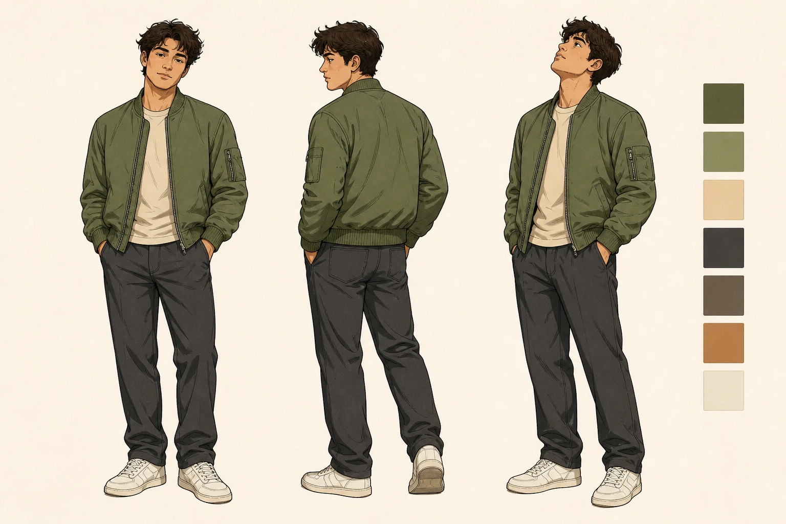 A single comic character design sheet showing one hero in three poses before any panels exist