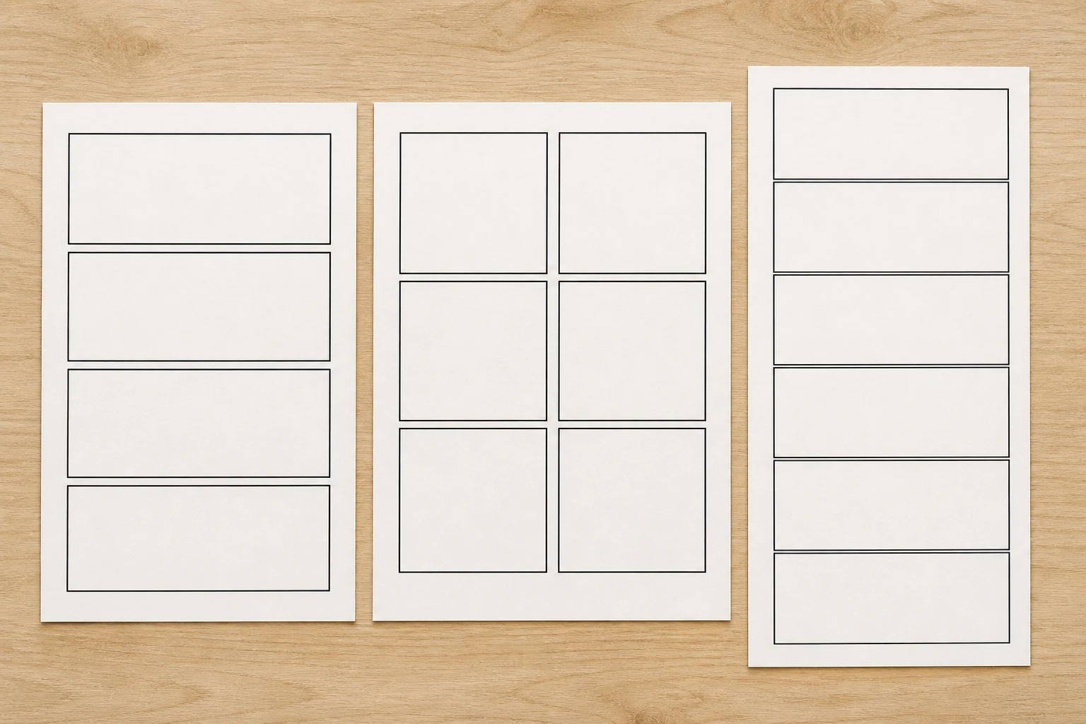 Blank comic page grids arranged as a four panel strip, a full grid and a tall vertical scroll