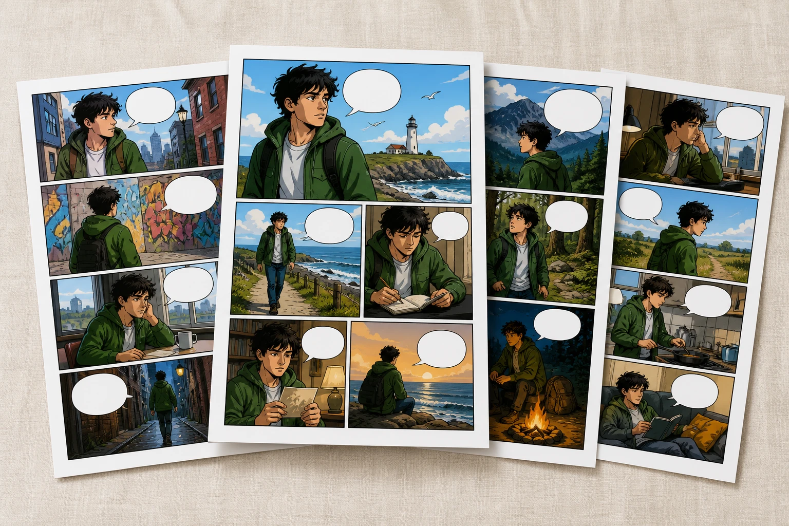 Four finished comic pages spread out together with one page pulled forward as the pick
