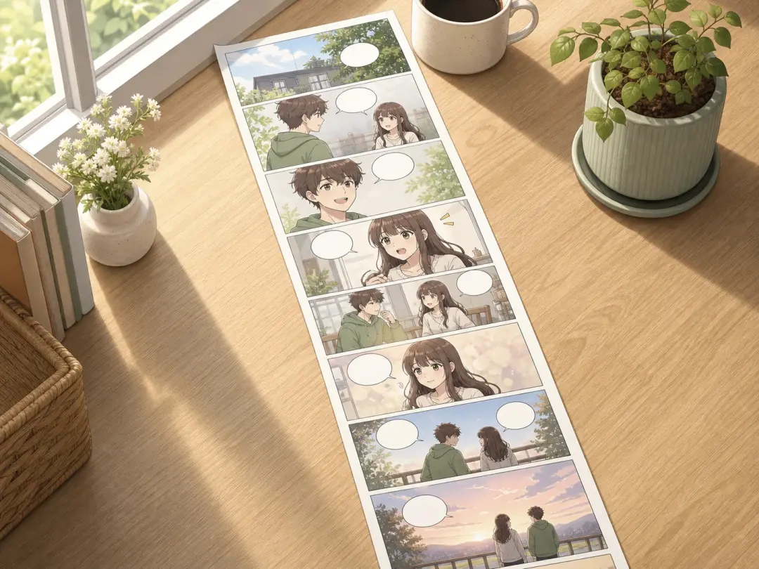 A long vertical webcomic episode unrolled across a bright desk beside a coffee cup