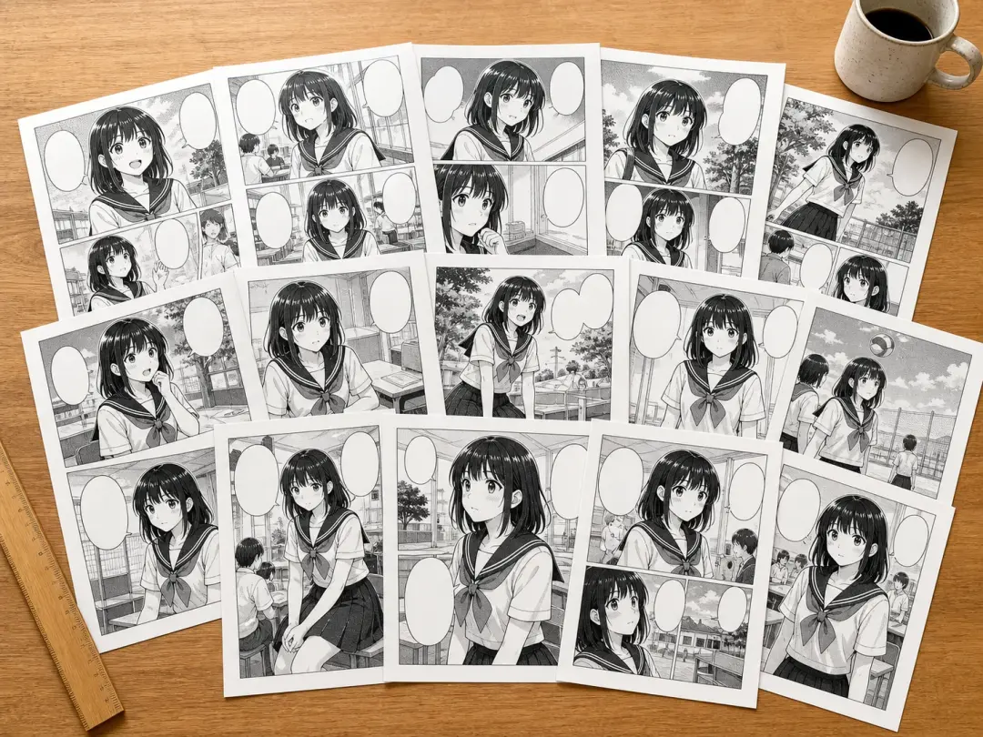 A dozen manga chapter pages fanned out on a studio table in one matching black and white style