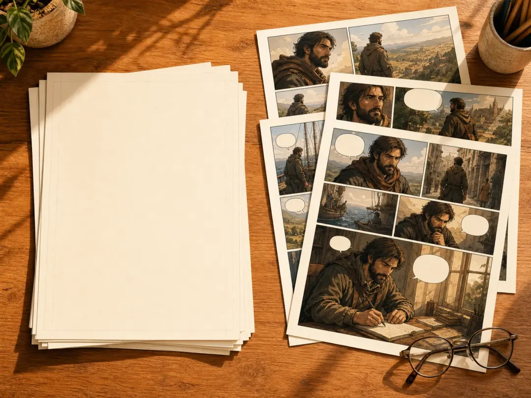 A stack of typed manuscript sheets beside the illustrated graphic novel pages made from them