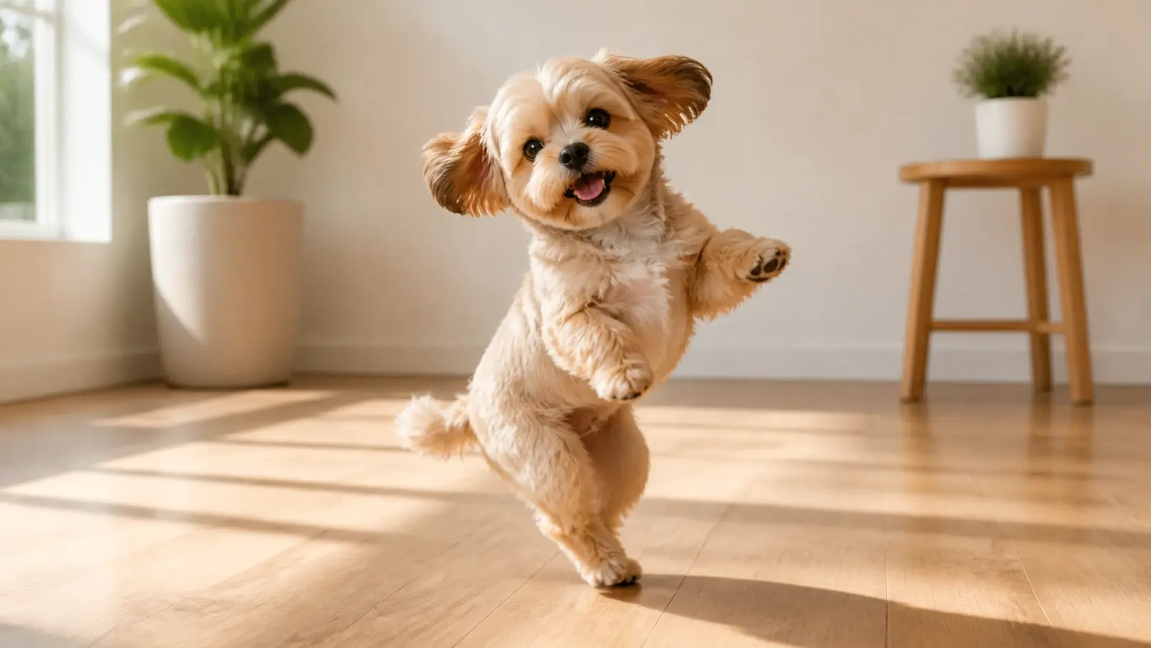 Bright open floor with warm soft light where a small dog moves to music