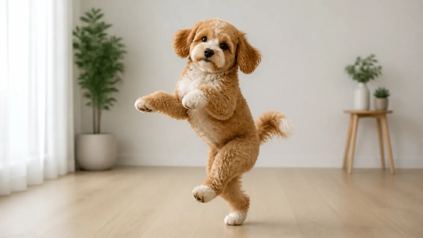 A dancing dog keeping its own fur color, markings and ears instead of a generic look alike