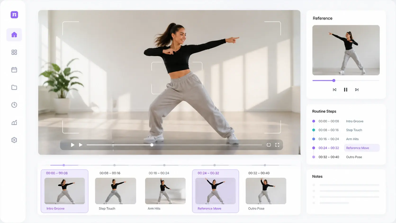 A script split into timed stretches with a reference image pinned to one part of the dance