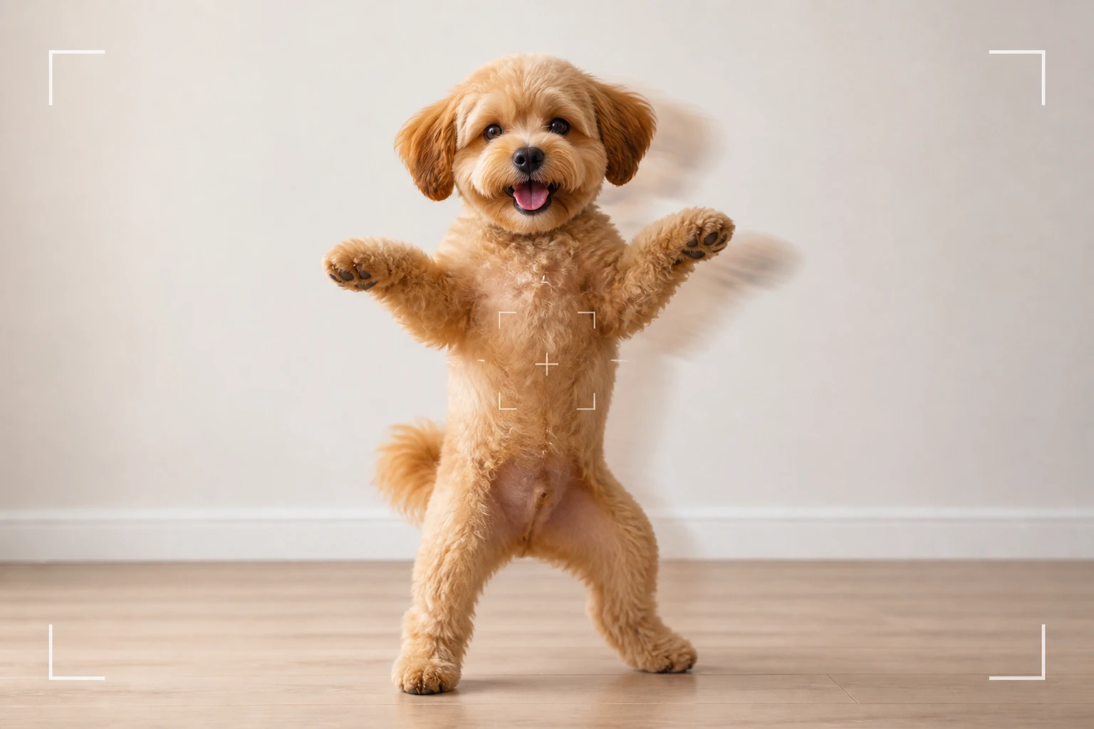 A finished ai dog dancing clip being refined with a typed change and no watermark