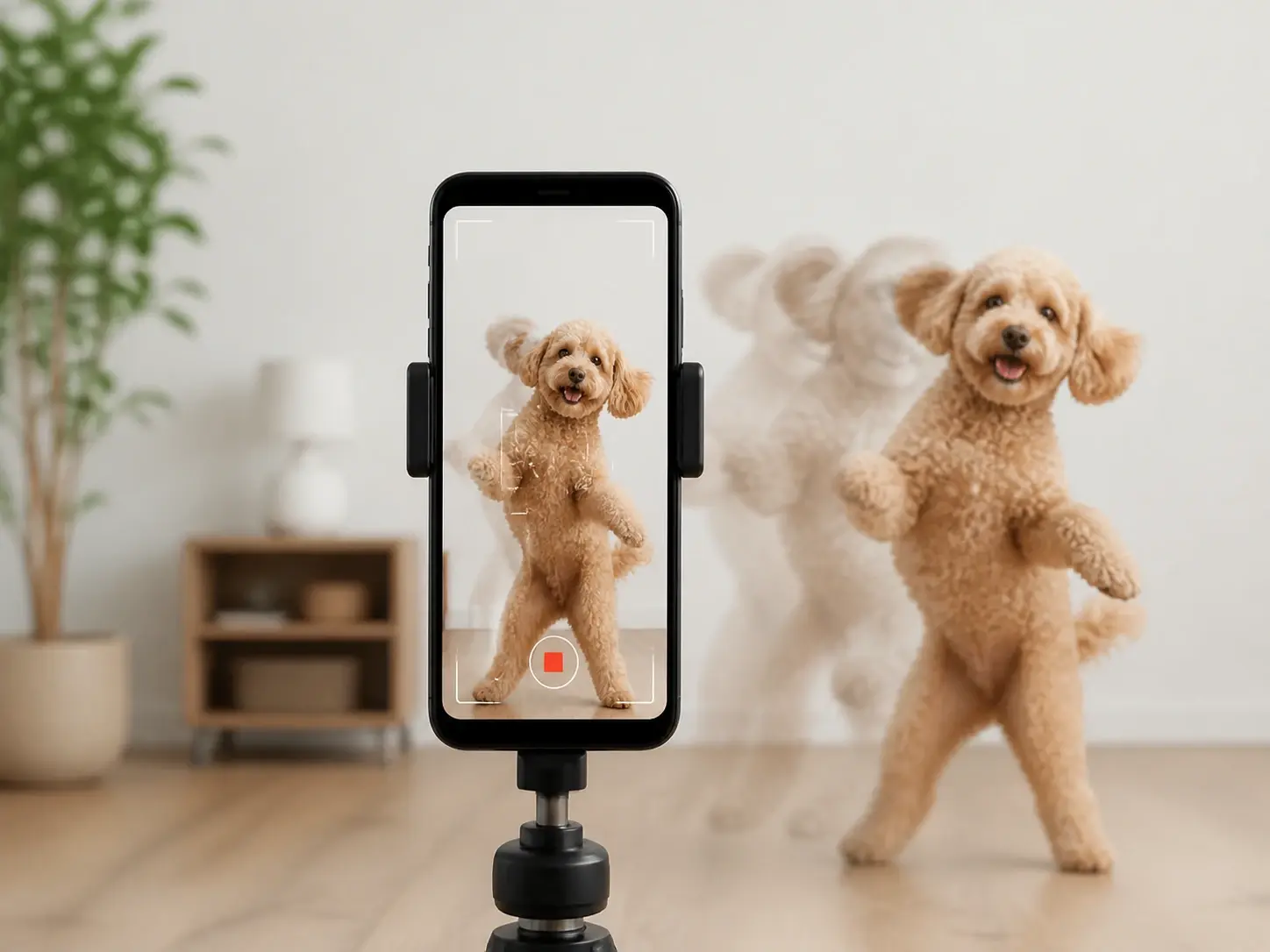 A social user matching a dog photo to a trending dance clip for a funny dancing dog video