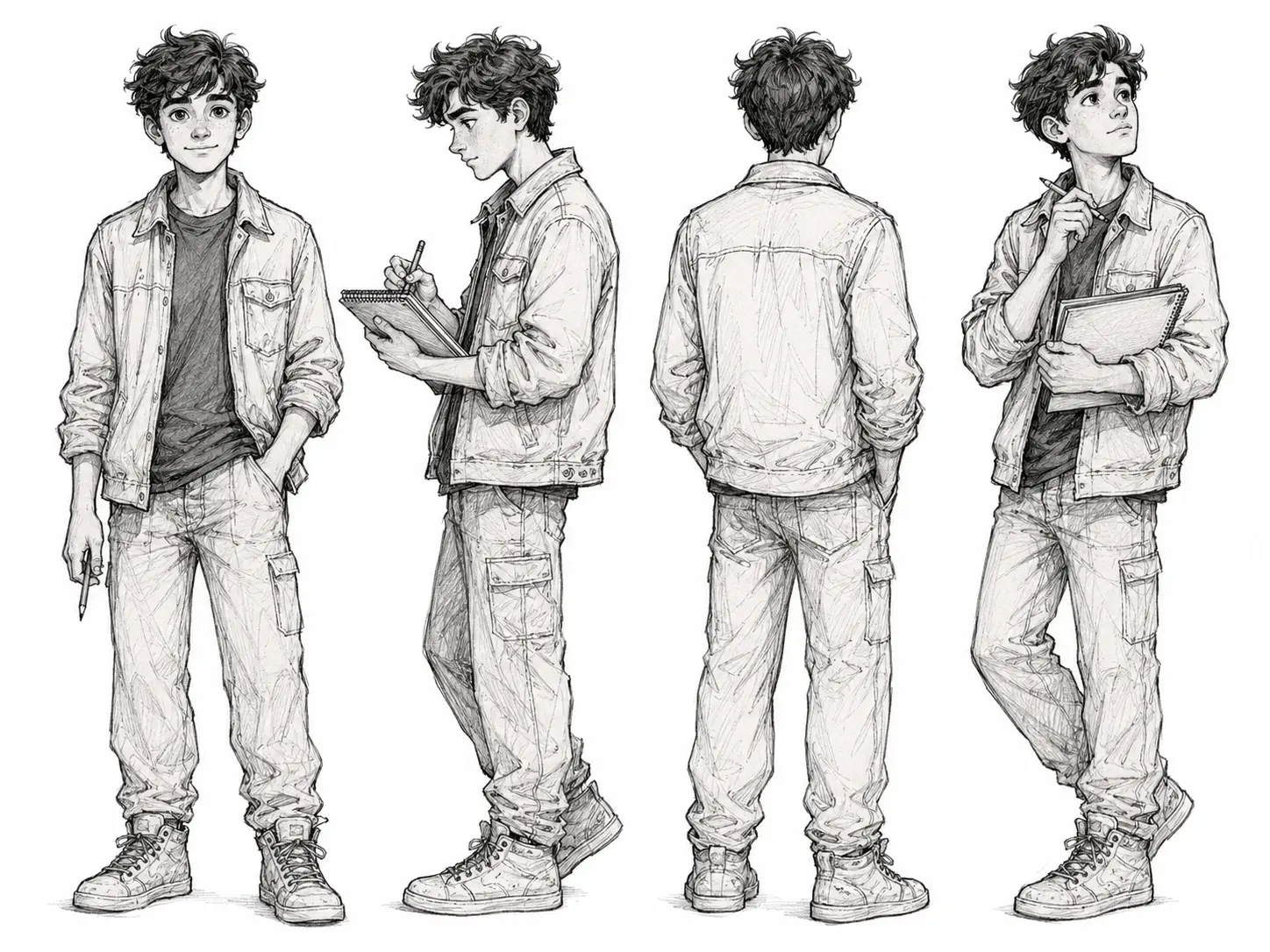 Same drawn character shown in four poses with consistent face, hair and jacket
