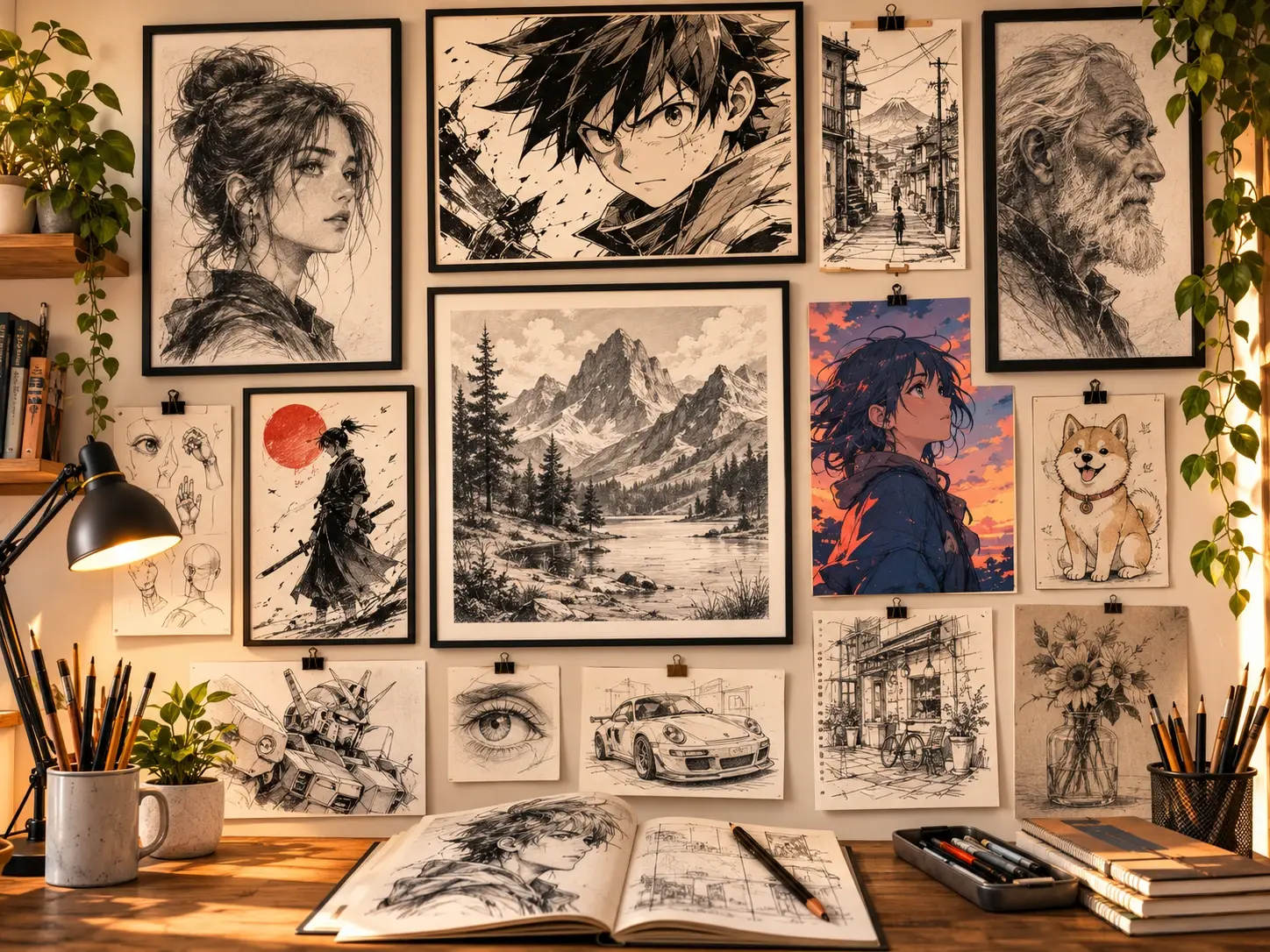 Gallery wall of saved drawings including anime faces, pencil portraits and cartoon scenes