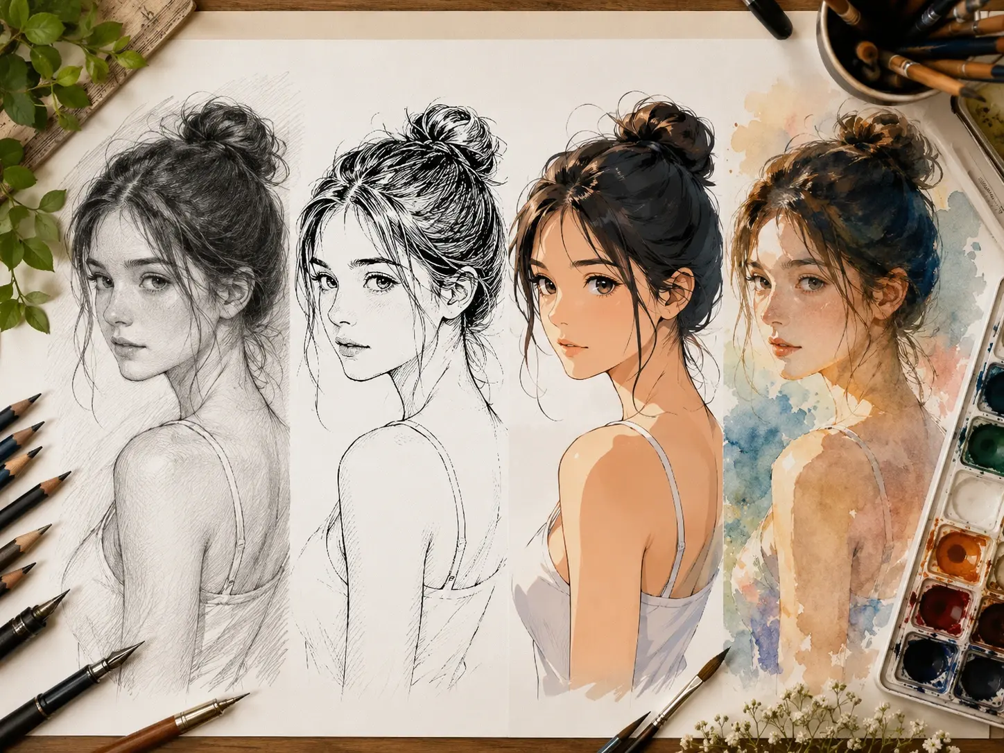 One subject rendered four ways in pencil shading, ink line art, anime and watercolour