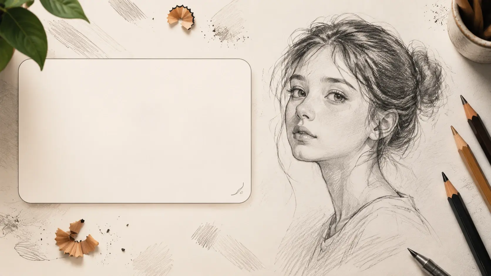 Prompt box beside a pencil style portrait drawing of a girl with soft shading and visible strokes