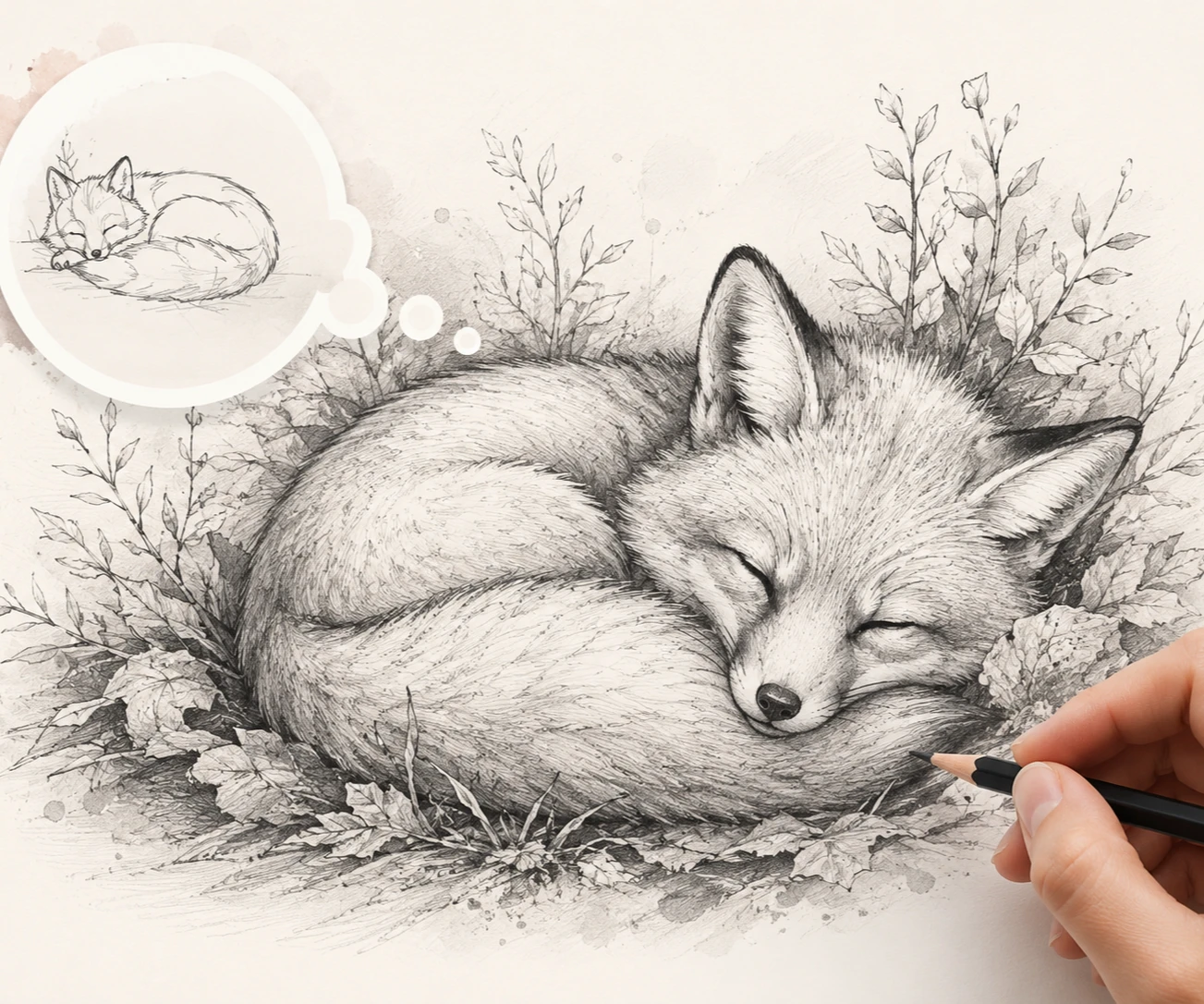 Text box holding a prompt for a sleeping fox in pencil sketch style with shading