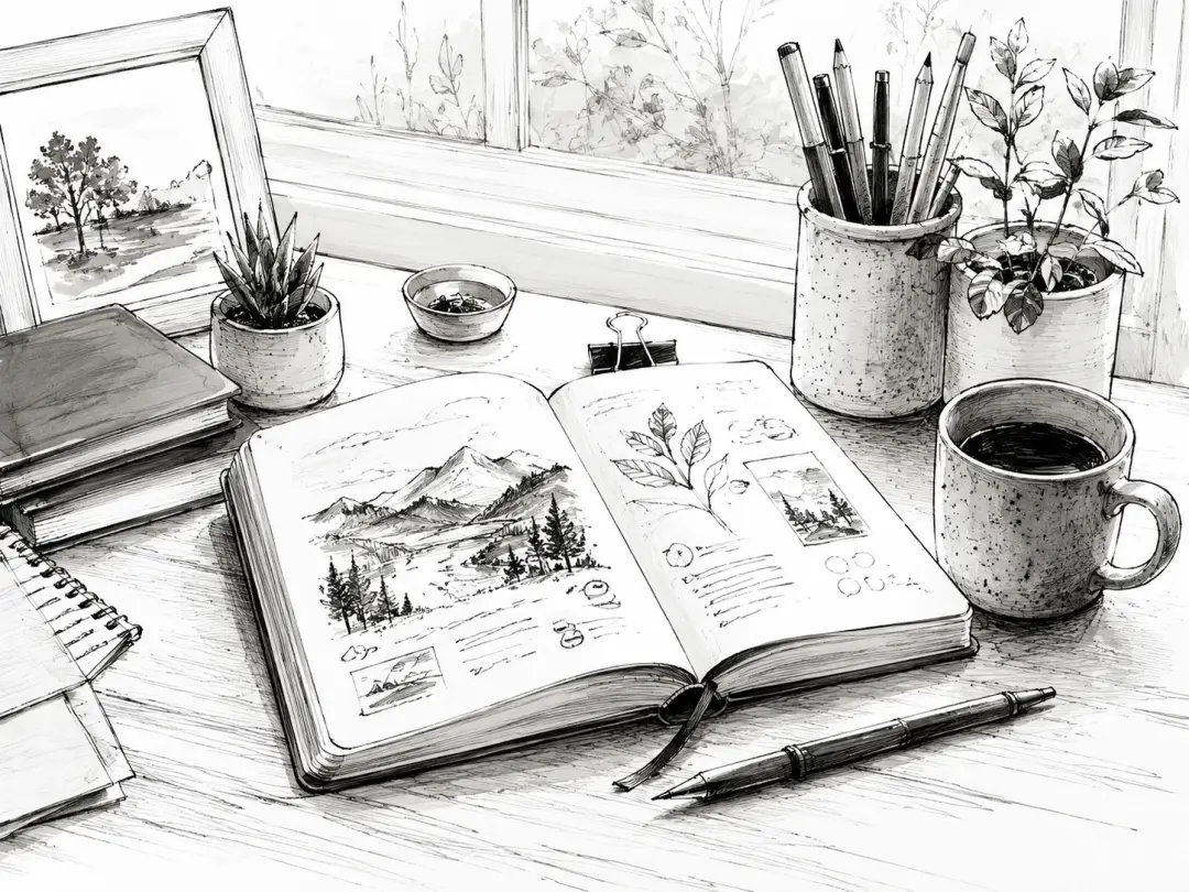 Blog header illustration in ink line style showing a desk, mug and open notebook