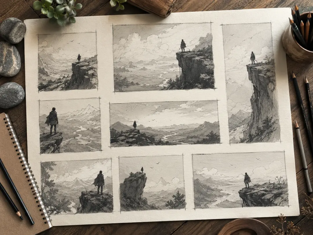 Grid of concept sketch variations of a lone traveler on a cliff with different framing