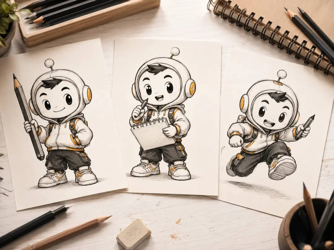 Three thumbnails of the same cartoon mascot character in matching outfit and line style