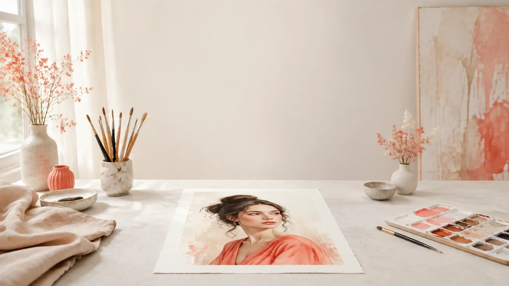 Bright creative studio scene with a finished female character portrait as the focal result
