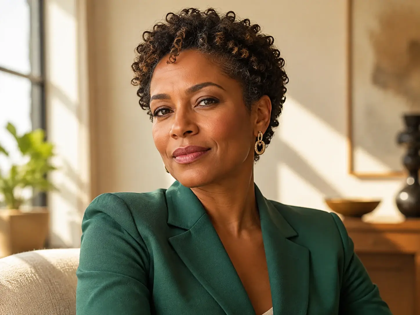 Female character portrait showing a deliberate look, age, and styling direction
