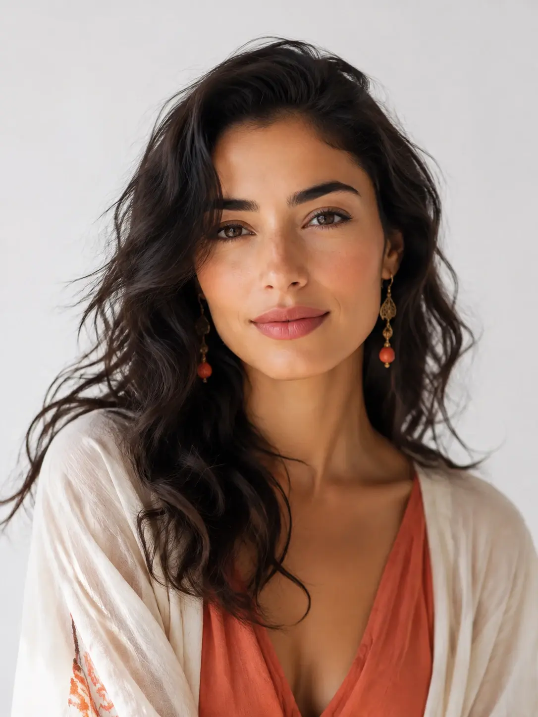 Original female character portrait with a clear face, soft studio light, and expressive styling