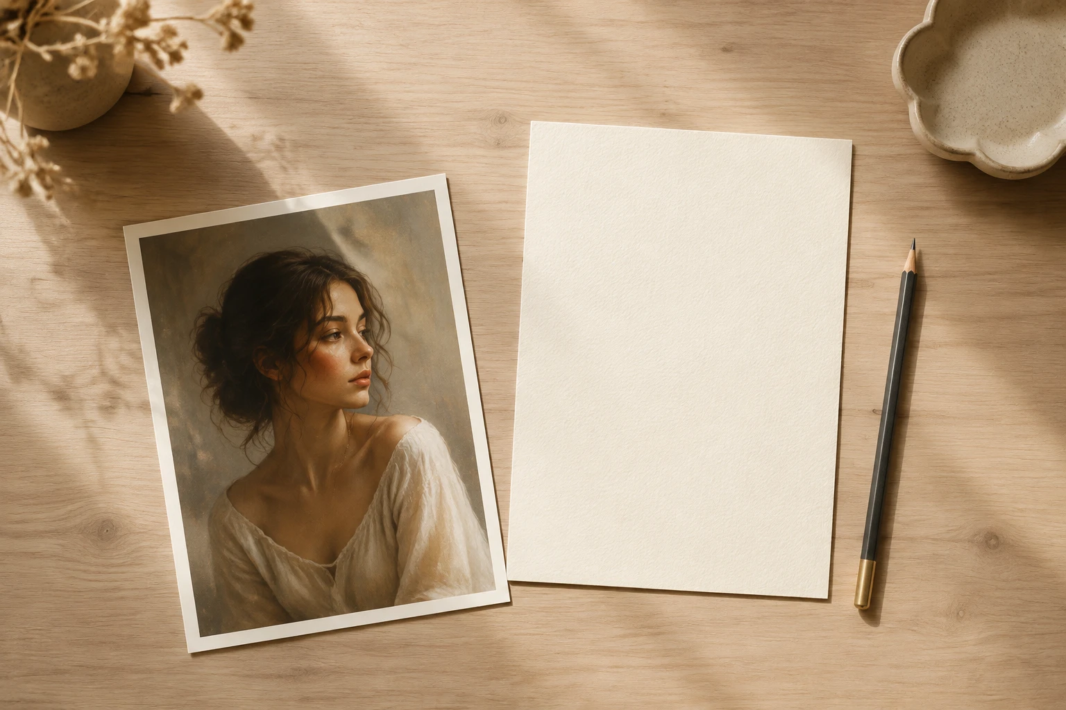 A portrait reference and a written character idea prepared for a female character image