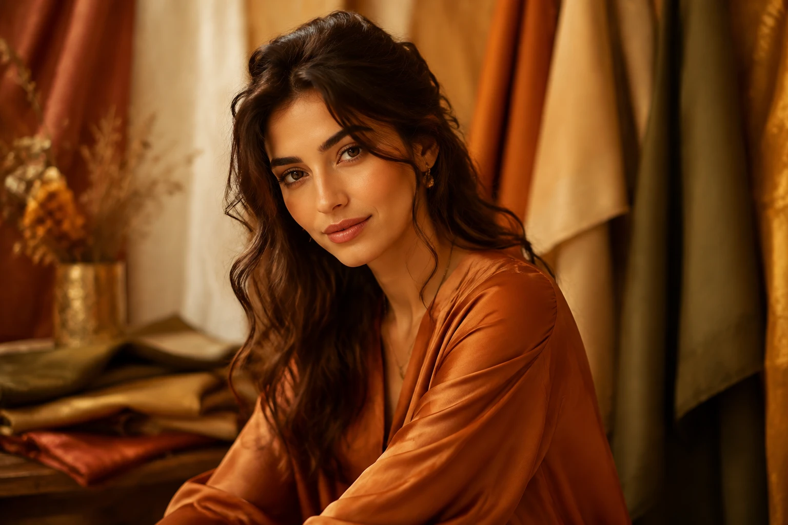 A female character portrait refined through deliberate styling, expression, and wardrobe choices